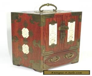 Item Vintage Chinese Wood Brass Jade Jewelry Chest Box for Sale