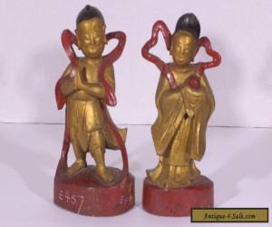 Item Pair of Antique Chinese Wooden Carved Figure Statue Qing Dynasty 19c for Sale