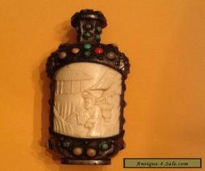 Item Antique Chinese Snuff Bottle Carved Brass with Stones for Sale
