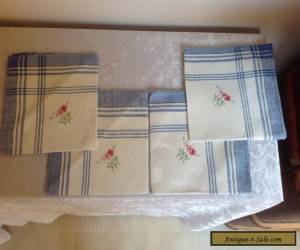 Item VINTAGE LINEN  SERVIETTES 4 BLUE & WHITE EMBROIDERED PINK FLOWERS SHABBY FRENCH for Sale