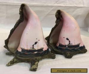Item ANTIQUE 2 VICTORIAN HAND PAINTED STEAMSHIP CONCH SHELLS Bookends Mantel Ornament for Sale