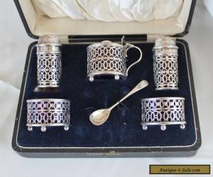 Item Antique silver condiments set. Salt, pepper, mustard etc. Boxed. for Sale