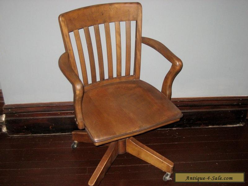 Vintage Antique Wood Swivel Bankers Office Armchair Chair for Sale in