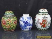 Three Antique Chinese 19th C Blue & White / Famille Verte Tea Caddys / Jars 