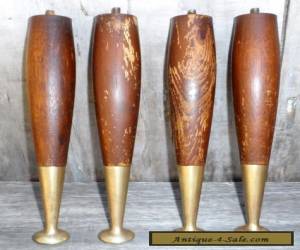 Vintage Mid-Century Modern Set of 4 Wood & Brass Metal Angled Table Legs 12"H for Sale