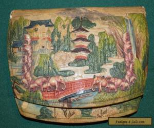 ANTIQUE ASIAN PAINTED AND EMBOSSED LEATHER CLUTCH WITH ELEPHANTS  for Sale