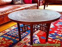 Antique Vintage Indian Arabic Brass Embossed Table top & Indian Carved Legs