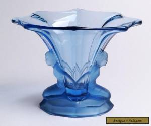 WALTHER & SOHNE "WINDSOR" ART DECO VASE CLEAR FROSTED BLUE LADIES HOLDING HANDS for Sale