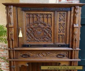 Item Antique French Carved Tiger Oak Gothic Cabinet Flatware Chest Revival Sideboard for Sale