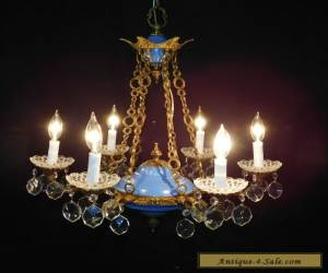 Item Stately Antique 6 Lite Royal Blue Empire Brass Crystal French Chandelier for Sale