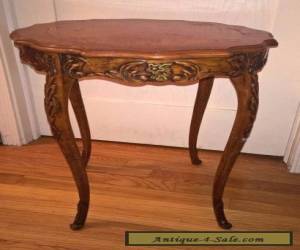 Item Vintage Carved Wood French Country Side End Table - Inlaid Top w/ Flowers for Sale