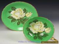 PARAGON HUGE WHITE ROSES GREEN TEA CUP AND SAUCER