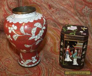 Antique Vintage Chinese Mei Ping Brass Enamel Vase & Cloisonne Box for Sale