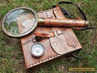 Set of 3 Brass Compass,Telescope & Magnifying Glass with Leather case/Best Gift.