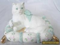 MZ Ireland Irish Dresden Lace Cat on Cushion Figure c1965