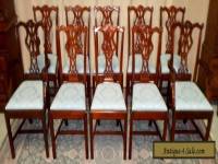 MAHOGANY DINING CHAIRS Chippendale Style Chairs, Blue Damask, Set of 10 