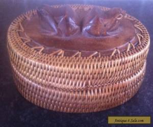 Item VINTAGE OVAL WEAVE & WOOD BOX WITH CARVED FROG'S ON LID. GREAT PIECE. for Sale