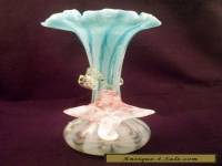 Victorian Stevens & Williams Art Glass Vase, Blue Stripes, Applied Flower & Leaf