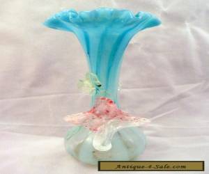 Item Victorian Stevens & Williams Art Glass Vase, Blue Stripes, Applied Flower & Leaf for Sale