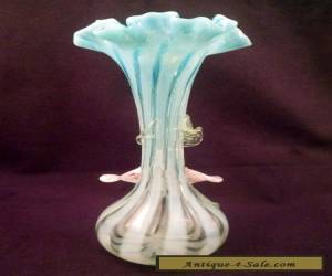 Item Victorian Stevens & Williams Art Glass Vase, Blue Stripes, Applied Flower & Leaf for Sale