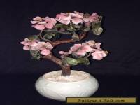 Chinese Carved Stone Cherry Blossom Bonsai Tree in Celadon Porcelain  Pot