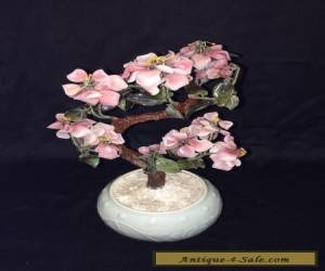 Item Chinese Carved Stone Cherry Blossom Bonsai Tree in Celadon Porcelain  Pot for Sale