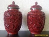 ANTIQUE CARVED RED CINNABAR LAQUER Pair of URN VASE with LID ENAMEL INTRICATE 6"