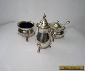 Vintage Silver Plated 3 Piece Condiment Set with Blue Glass Liners for Sale