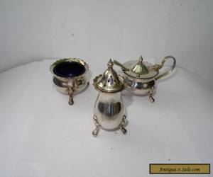 Item Vintage Silver Plated 3 Piece Condiment Set with Blue Glass Liners for Sale