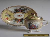 Helena Wolfsohn Dresden Porcelain CHOCOLATE Cup Lid and Saucer WATTEAU 19c AS IS