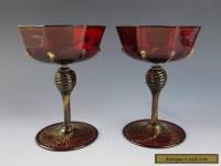 Pair Antique Venetian RUBY WINE GLASS Gold Aventurine Salviati Cocktail Italian