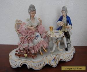 Item Antique German Dresden Lace Porcelain Couple Gambling Figurine. for Sale