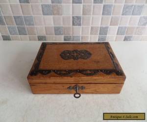 Item LOVELY VICTORIAN 19thC SOLID OAK BOX WITH METAL DECOR - GOOD WORKING LOCK & KEY for Sale