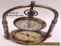 ANTIQUE STYLE BRASS TABLE/DESK CLOCK WITH VINTAGE MARITIME BRASS COMPASS