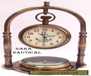 Item ANTIQUE STYLE BRASS TABLE/DESK CLOCK WITH VINTAGE MARITIME BRASS COMPASS for Sale