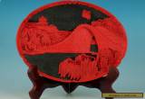 Asian Chinese Lacquer Handmade Carved Landscape Collect Plate And Wood Stand  for Sale