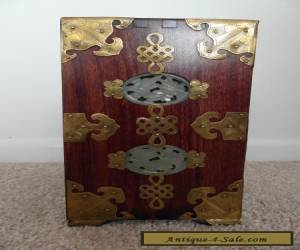 Item ANTIQUE MAHOGANY  CHINESE JEWELLERY BOX - INLAID JADE - BRASS DECORATION  for Sale