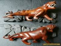 PAIR OF ORIENTAL VINTAGE WOODEN CARVED TIGER FIGURES WITH STANDS 