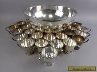 Japan Rose Motif Nickle Silver Punch Bowl & 22 Cups Silverplate