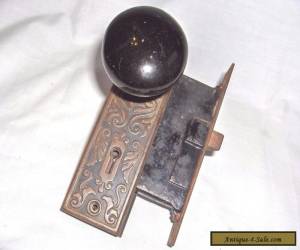 Item DP1- ANTIQUE DOOR LATCH ASSEMBLY WITH ORNATE ESCUTCHEONS & BLACK PORCELAIN KNOBS for Sale