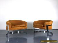 Pair Vintage Mid Century Modern Milo Baughman Style Chrome Barrel Lounge Chairs