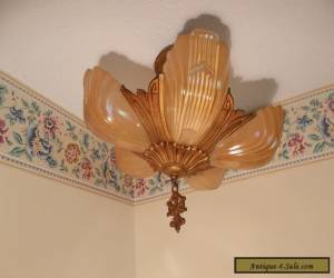 Antique frosted glass slip shade art deco light fixture chandelier Markel for Sale