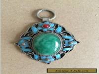 Chinese handwork tibet-silver inlay old green jade Cloisonne blue Flower Pendant
