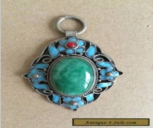 Item Chinese handwork tibet-silver inlay old green jade Cloisonne blue Flower Pendant for Sale