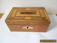 Parquetry Wooden Oak Money Box, Victorian c.1900.Brass escutcheon & fitting key