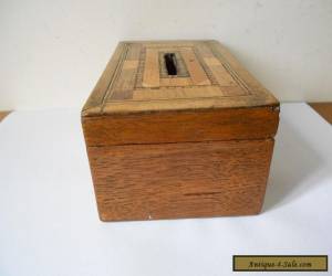 Item Parquetry Wooden Oak Money Box, Victorian c.1900.Brass escutcheon & fitting key for Sale