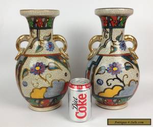 Unusual Pair Antique Chinese Crackle Glaze Vases- Vintage Hand Painted Art Deco for Sale