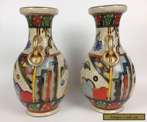 Item Unusual Pair Antique Chinese Crackle Glaze Vases- Vintage Hand Painted Art Deco for Sale