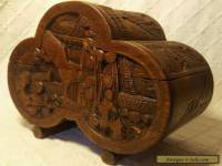 Old Chinese Wooden Box With Carved Oriental Scenes