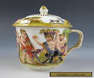 Item Antique Capodimonte LIDDED CHOCOLATE CUP & SAUCER Cherubs Satyr Porcelain German for Sale